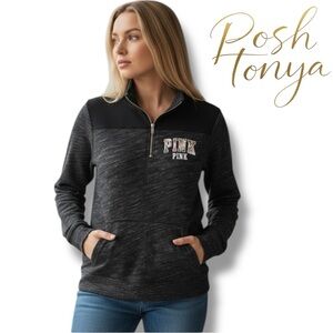 PINK Victorias Secret Quarter Zip Pullover Kangaroo Pocket Black Sz S Cozy Warm